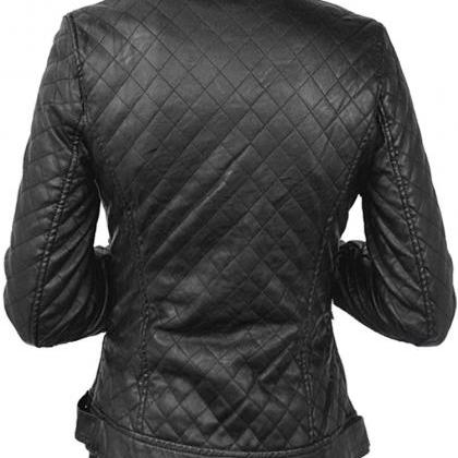 Women Black Quilted Leather Jacket,black Biker..