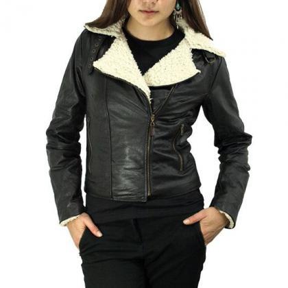 Women Black Fur Collar Leather Jacket, Leather..