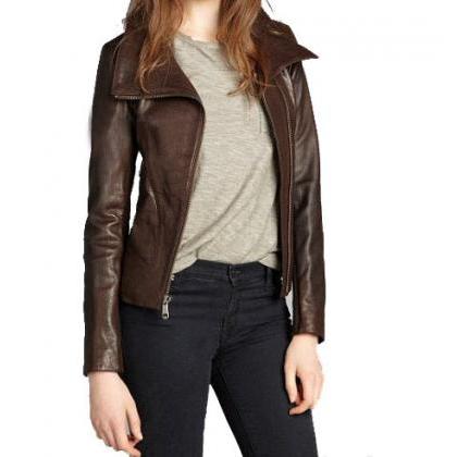 WOMEN BROWN WIDE COLLAR LEATHER JACKET, BROWN JACKET FOR WOMEN ...