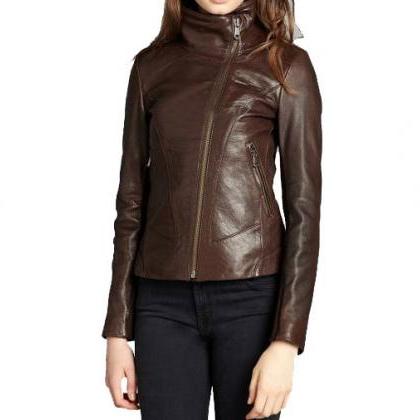 Women Brown Wide Collar Leather Jacket, Brown..