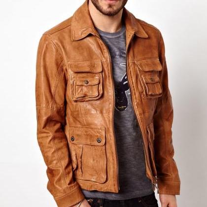 Men Tan Brown Fashion Leather Jacket, Brown..