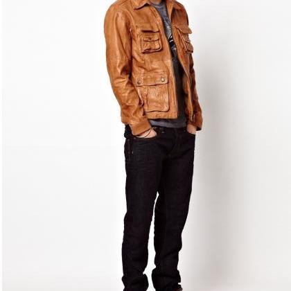 Men Tan Brown Fashion Leather Jacket, Brown..