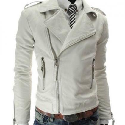 Men Slimfit Leather Jacket, White Leather Jacket..