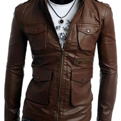 Men Slimfit Leather Jacket, Brown Four Pockets..