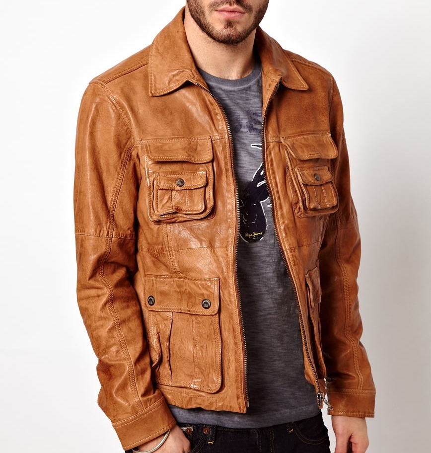 Men Tan Brown Fashion Leather Jacket, Brown Leather Jacket, Leather Jacket Men