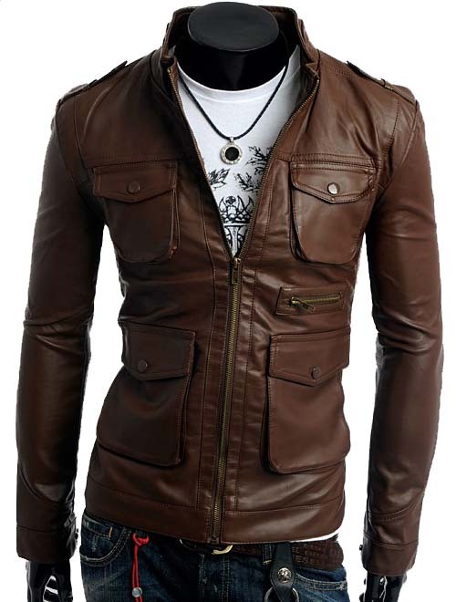 Men Slimfit Leather Jacket, Brown Four Pockets Leather Jacket, Leather Jacket